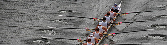 Photo of a rowing team on the water and rowing